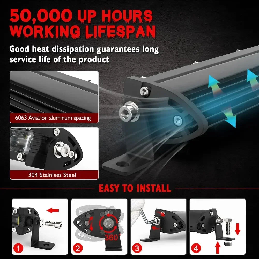 6D Ultra Strip LED Light Bar 8" 14" 20" inch Driving Fog Lamp Work Light 4x4 Led Bar for Motorcycle Car Offroad SUV ATV Tractor