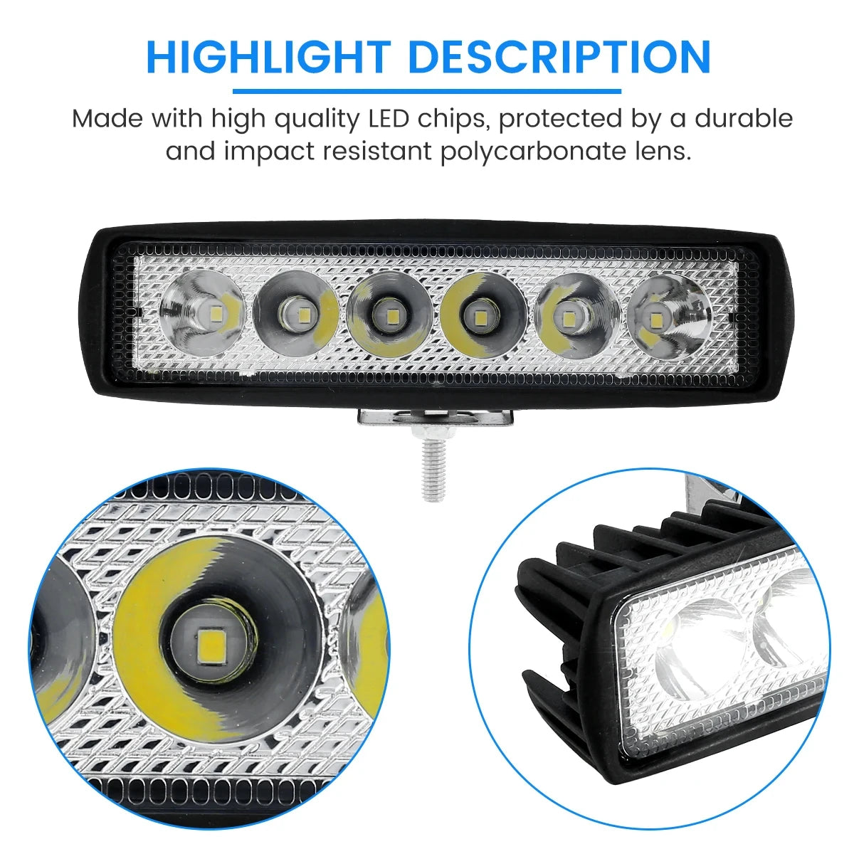 Car LED Light Bar 12V 18W 6000K Super Bright Work Light IP67 Waterproof Flood Spot White Off Road Head light Driving Light