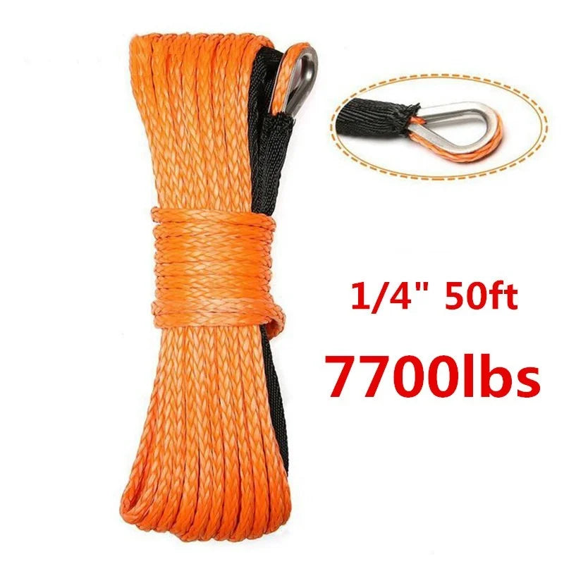 1/4''x50' Truck Boat Emergency Replacement Car Outdoor Accessories Synthetic Winch Rope Cable ATV UTV 7700lbs Towing Rope