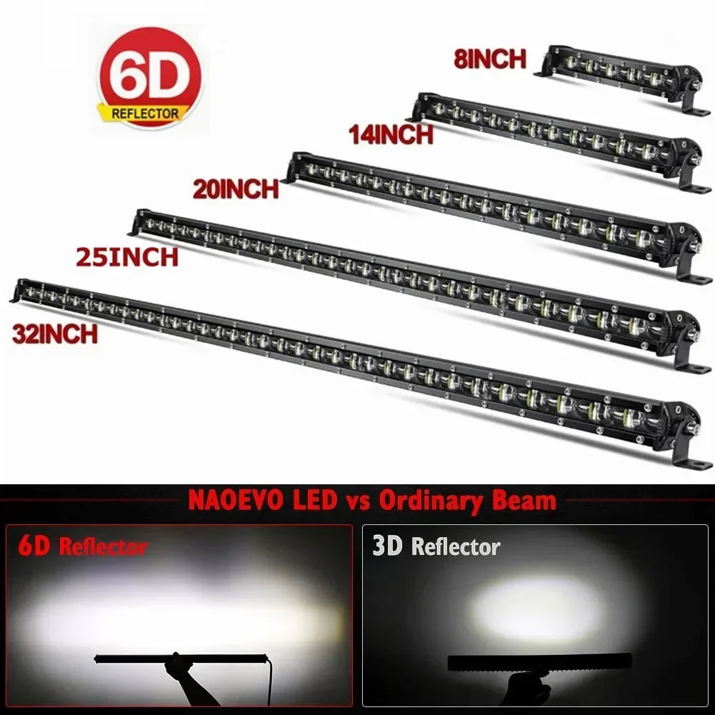 6D Ultra Strip LED Light Bar 8" 14" 20" inch Driving Fog Lamp Work Light 4x4 Led Bar for Motorcycle Car Offroad SUV ATV Tractor