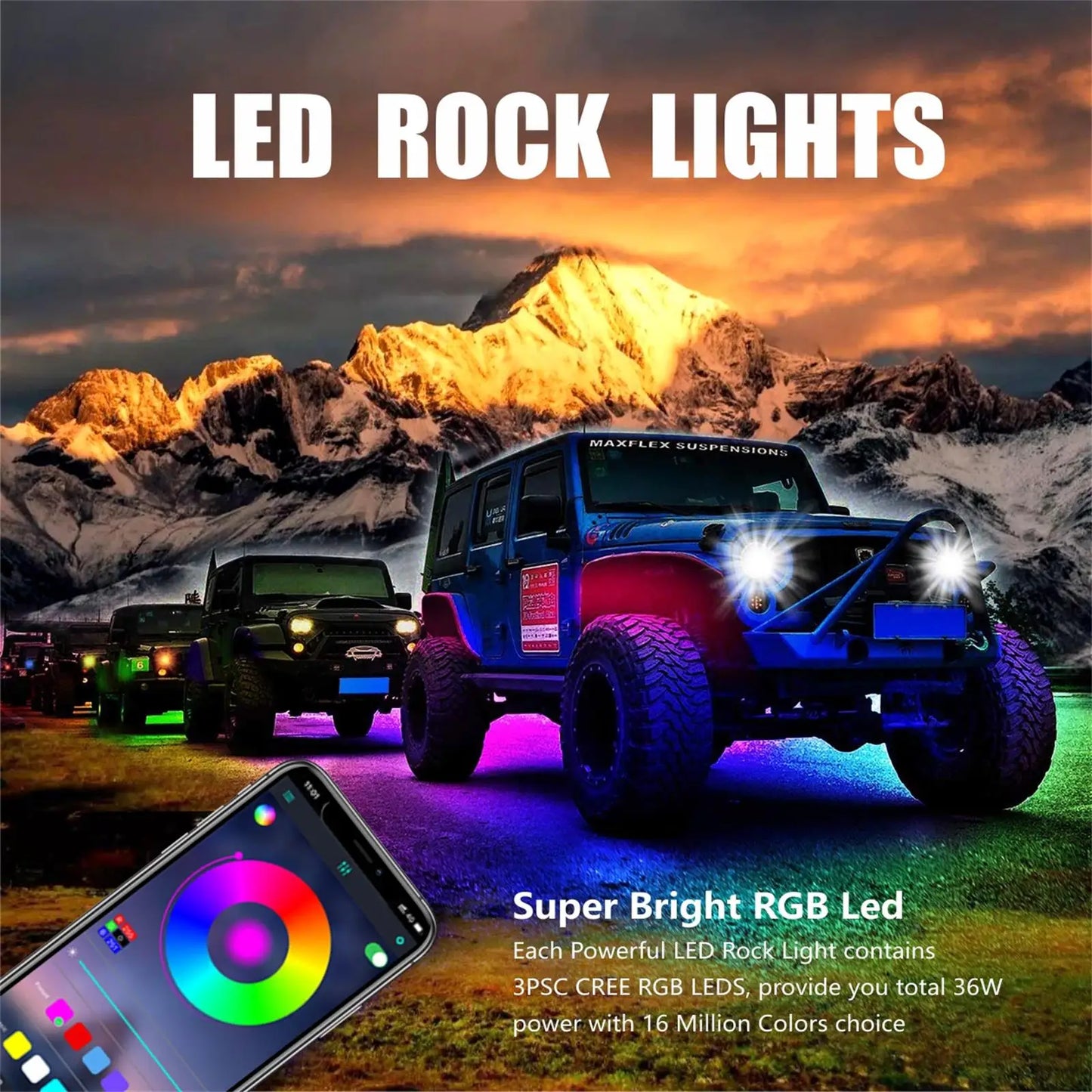 RGB LED Rock Lights Kit 15led with Bluetooth App Control Flashing Music Mode Wheel Well Light for Truck ATV UTV