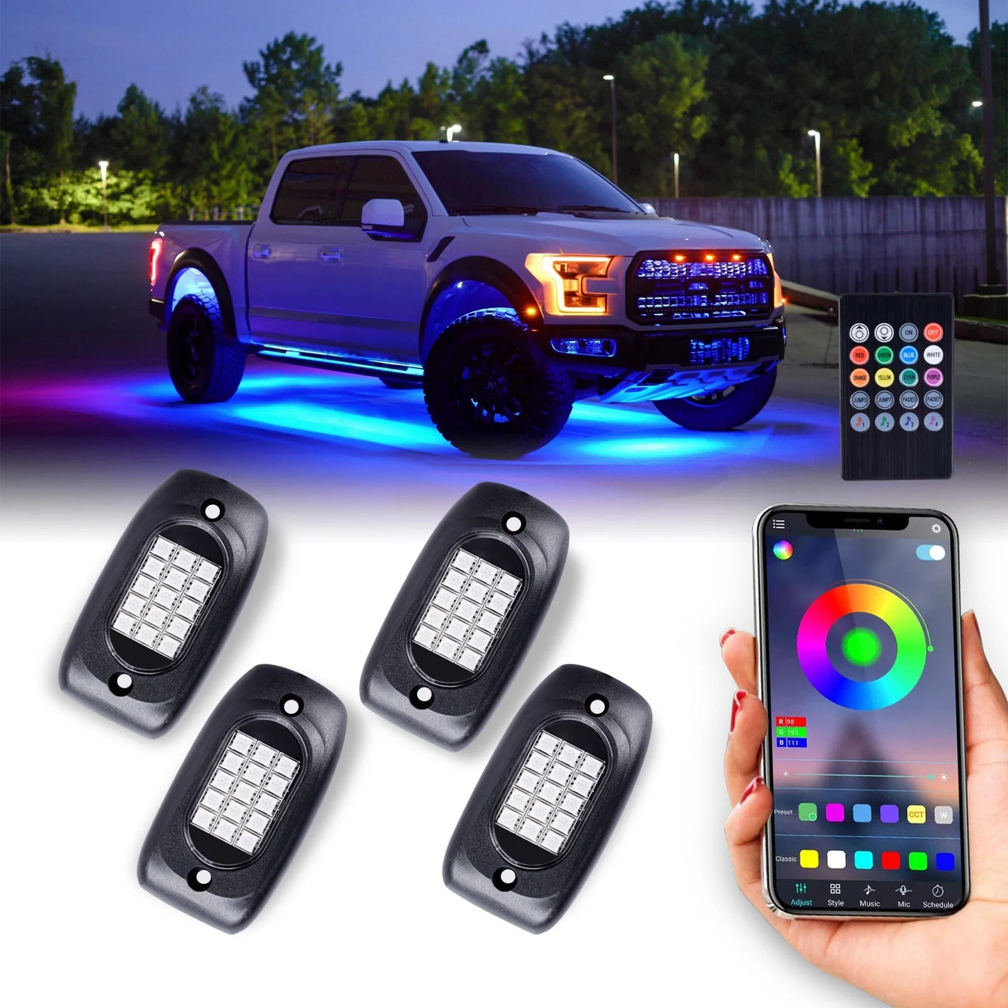 RGB LED Rock Lights Kit 15led with Bluetooth App Control Flashing Music Mode Wheel Well Light for Truck ATV UTV