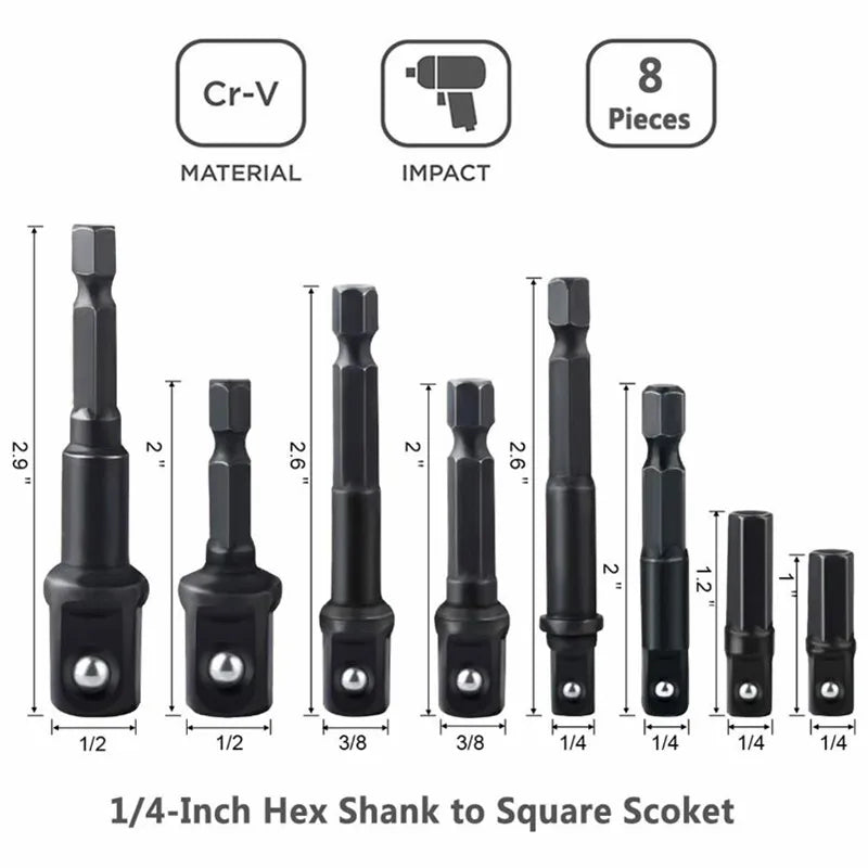 12pcs Impact Socket Adapter And Reducer Set Extension Set Socket Drill Adapter Turns Power Drill Into High Speed Nut Driver, 1/4