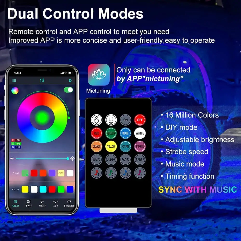 RGB LED Rock Lights Kit 15led with Bluetooth App Control Flashing Music Mode Wheel Well Light for Truck ATV UTV